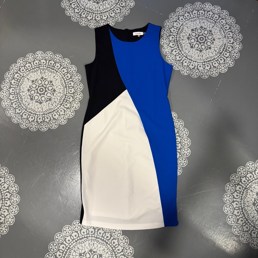 Calvin Klein Dress Sheath Sz8 Black White Blue Colorblock Business Classic